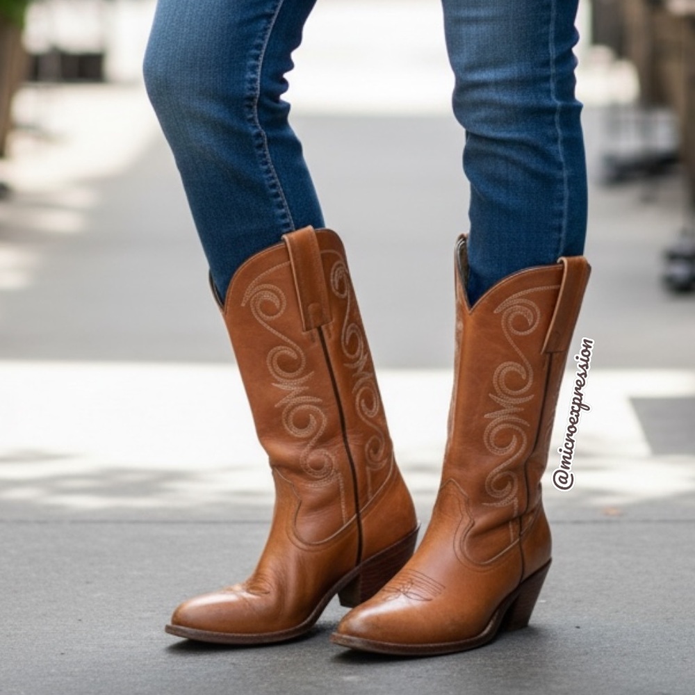 1980 RARE VINTAGE Frye Leather Pull On Brown Tan Embroidered Cowboy Western Boot